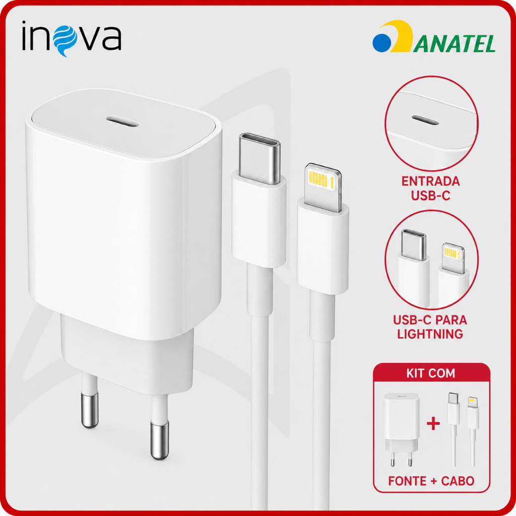 Carregador Inova Original Rápido 20W Tipo C Com Cabo USB-C Lightning Compatível