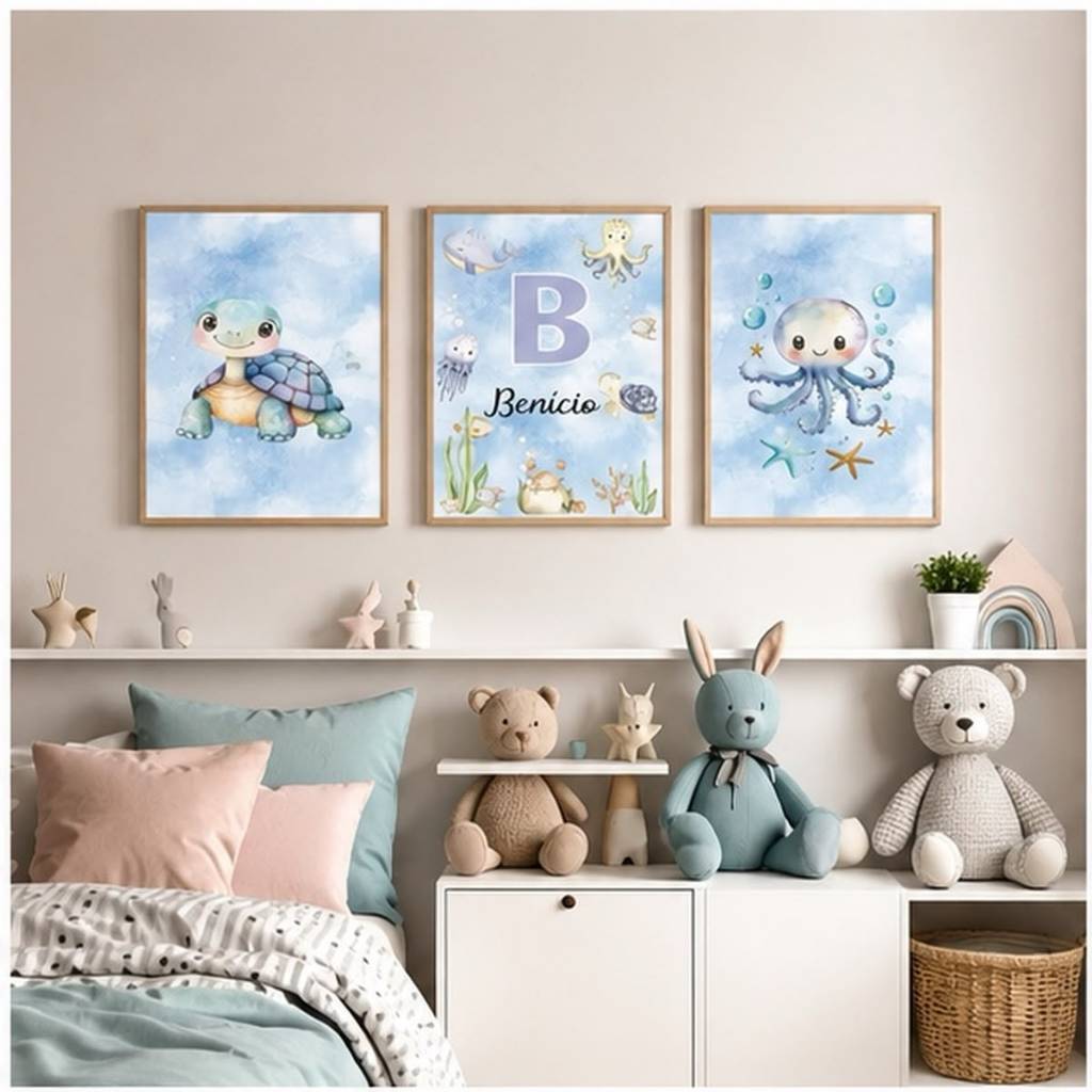 Quadro decorativo 3 peças Animais Fundo do Mar personalizado com nome decoraçao quarto infantil
