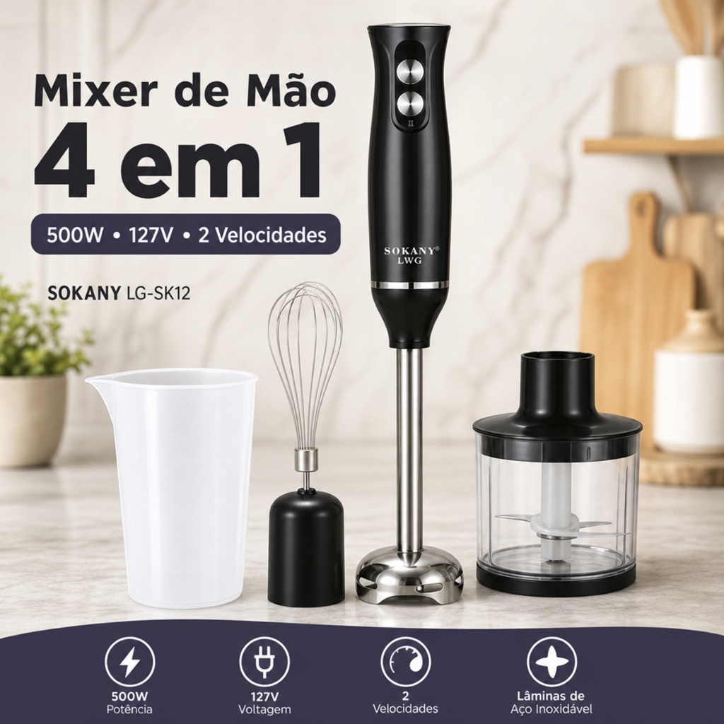 Mixer 4 em 1 Sokany 500W 127V Com Fouet Processador Copo Medidor 2 Velocidades Cozinha Casa Completo