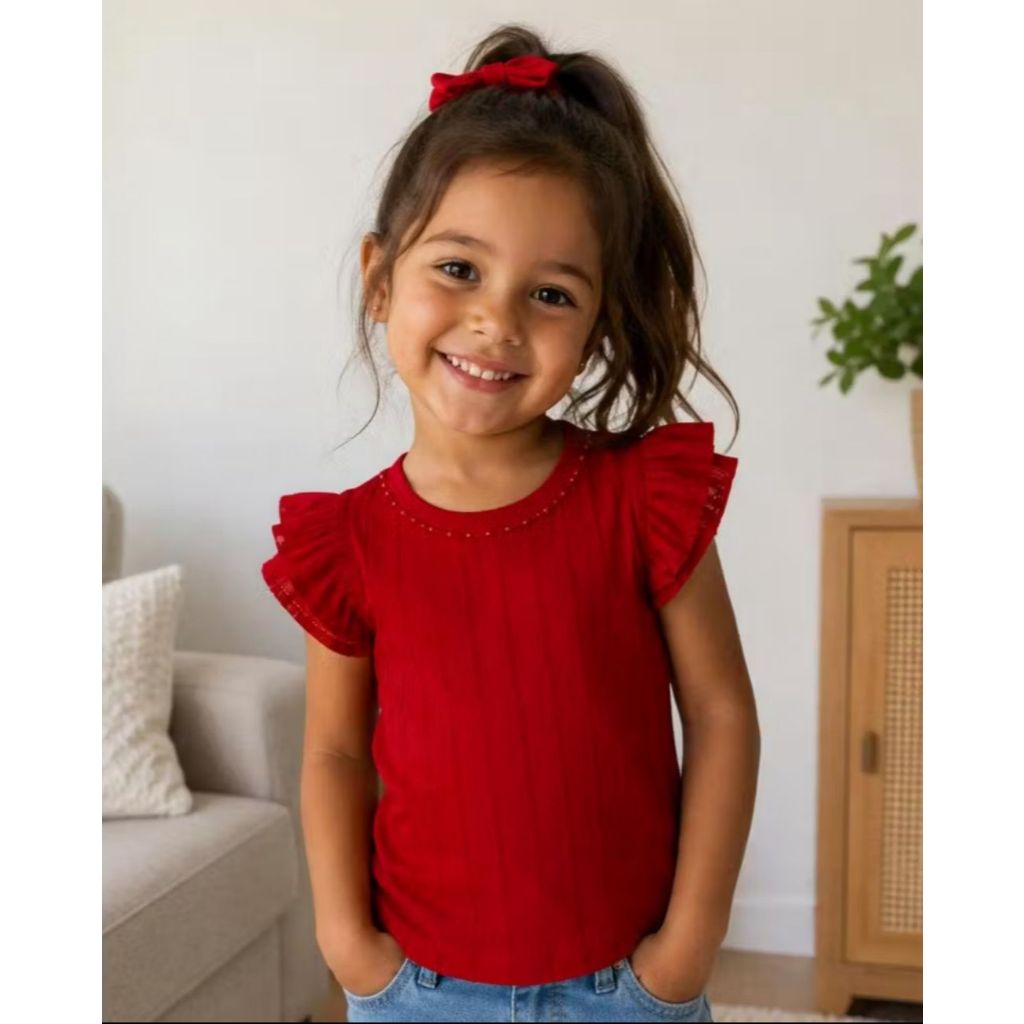 Blusa Infantil Feminina Casual Tecido Malha Anaruga Manga Babado Pérolas em  Várias Cores