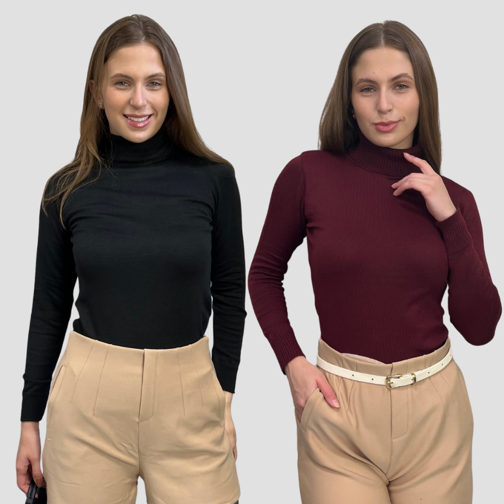 Kit 2 Blusas de Frio Feminina Manga Longa Suéter Cacharrel Gola Alta Tricot Inverno
