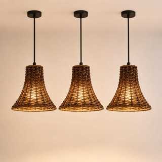 Kit Com 3 Pendentes Artesanais Trançados Marrom E27 Lustre Decorativo Para Cozinha Sala Gourmet