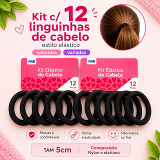 Kit 12 Linguinhas de Cabelo Elásticas Nylon e Elastano Não Marca os Fios Alta Elasticidade Cores Variadas Tam. 5cm