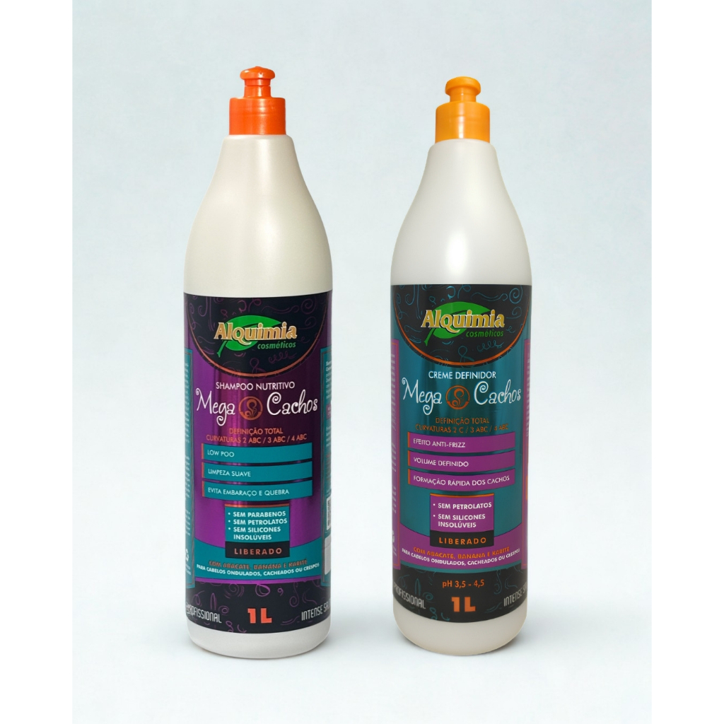 Kit Mega Cachos Shampoo 1L + Creme Definidor 1L Hidratação Ativador Definição Cachos Sem Frizz Volume Profissional