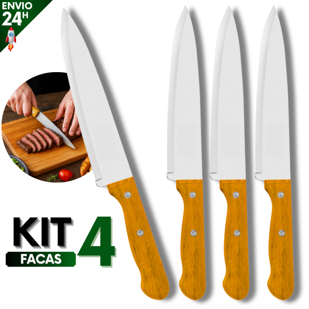Kit 4 Faca de Cozinha Inox 7” Polegadas Profissional com Cabo de Madeira Corte Preciso