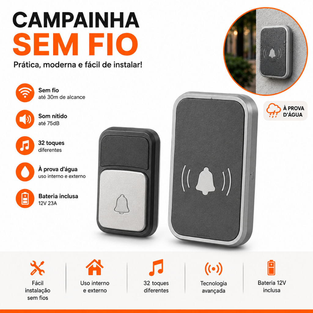 Campainha Sem Fio Wireless 30m Alcance 32 Toques 75dB Fácil Instalação com Adesivo Bateria Inclusa
