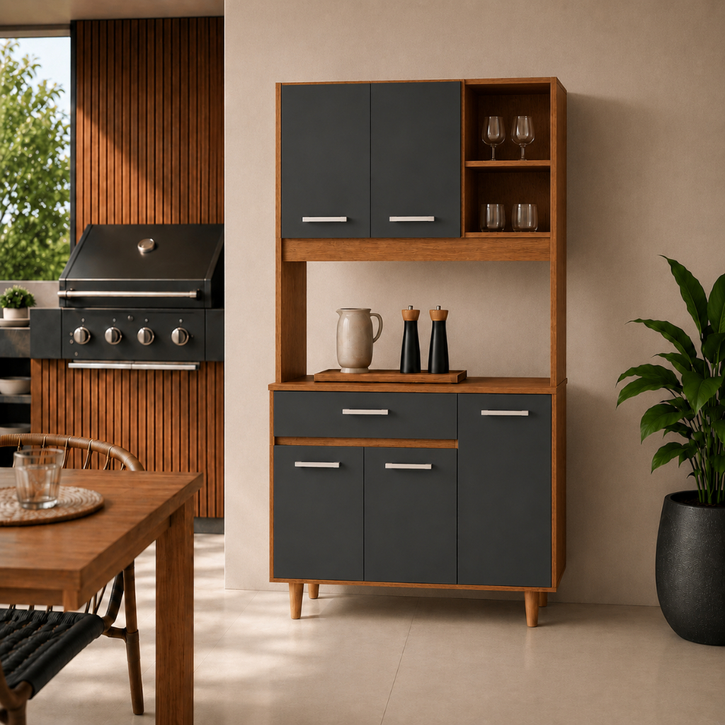 Armário de Cozinha Kit Completo com Gaveta e Portas Nicho para Micro-ondas ou Café Design Moderno