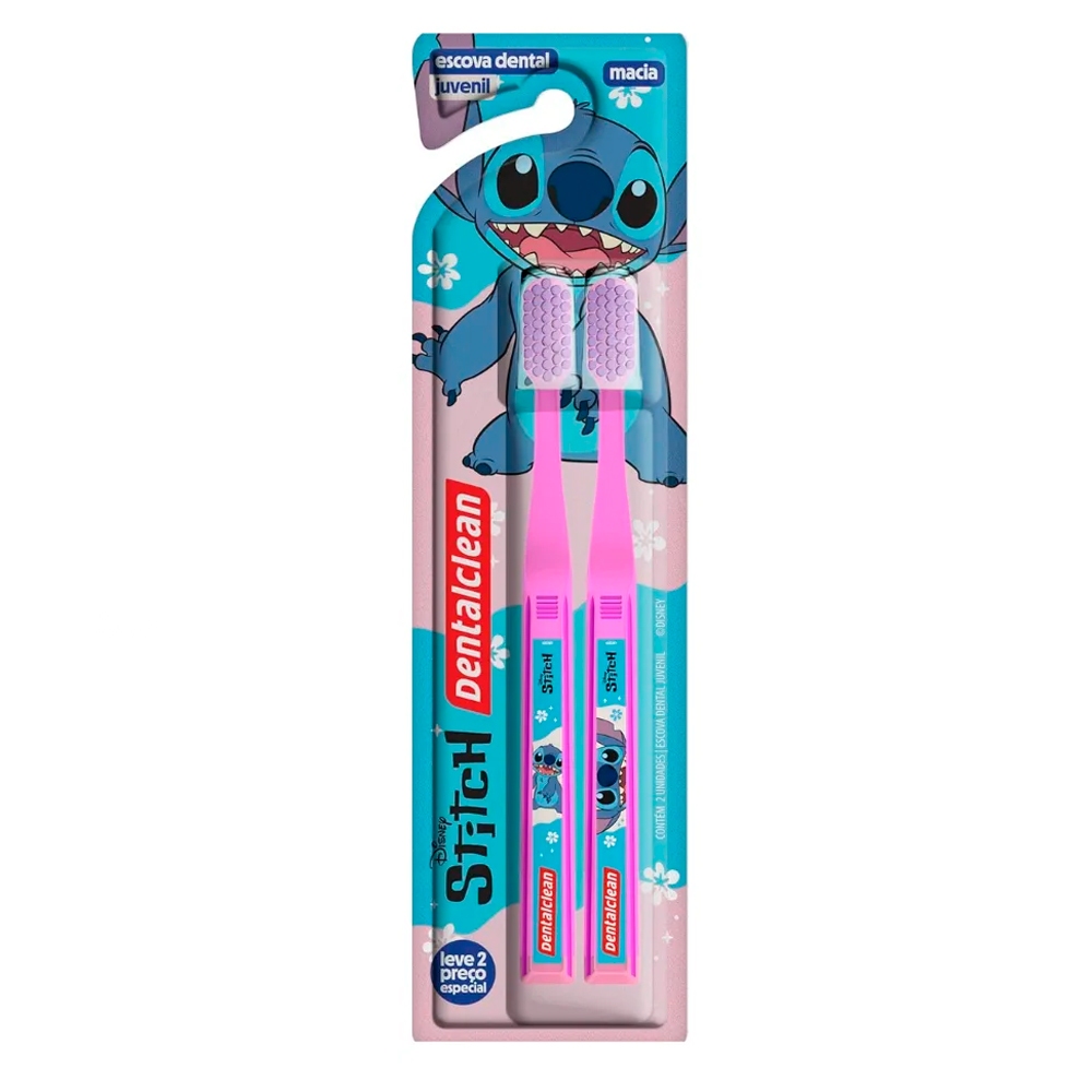 Escova Dental Juvenil Stitch Leve 2 Macia Dentalclean Rosa