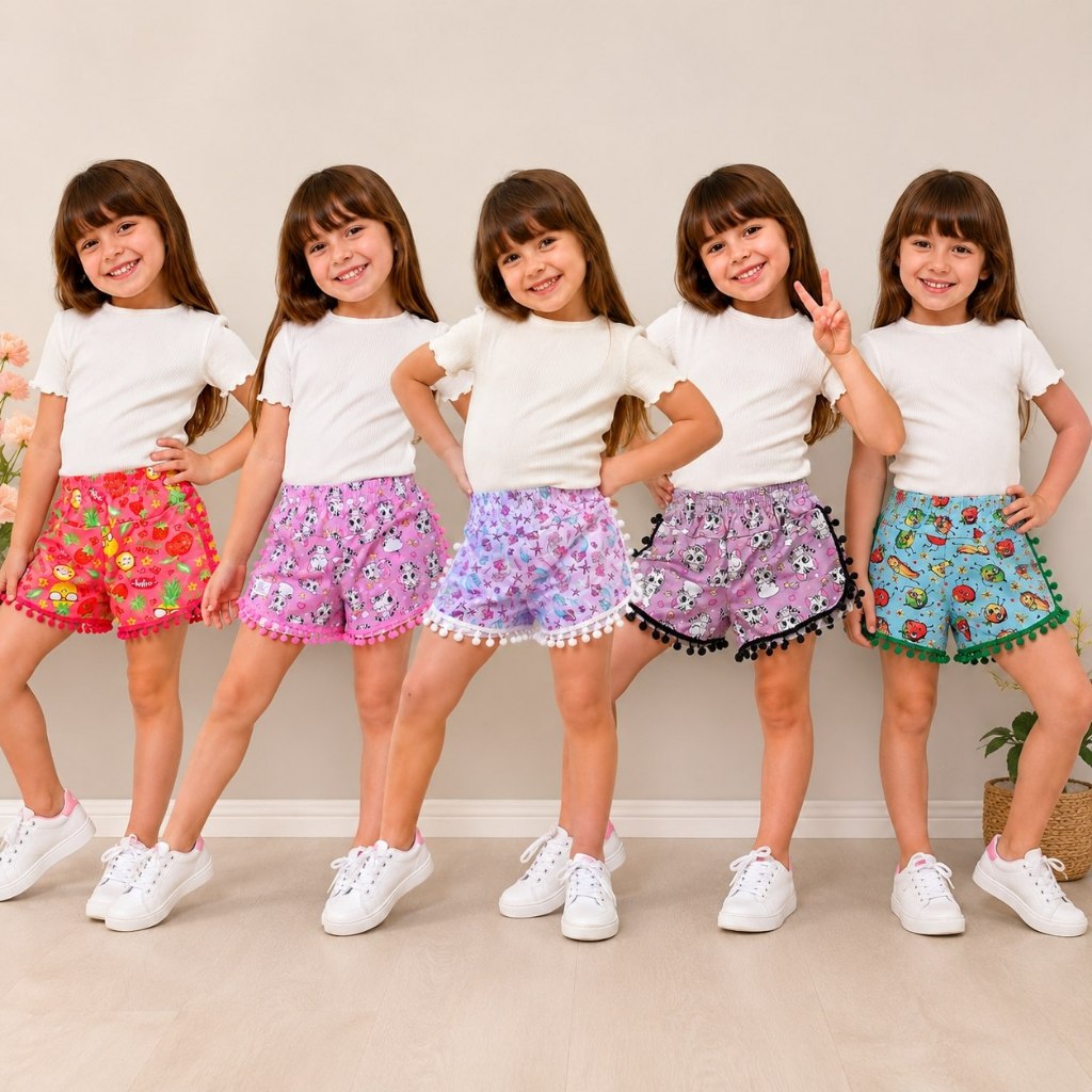 Short Infantil com Pompom Estampado Menina Juvenil com elastico Short de Praia Piscina Confortável  Canga