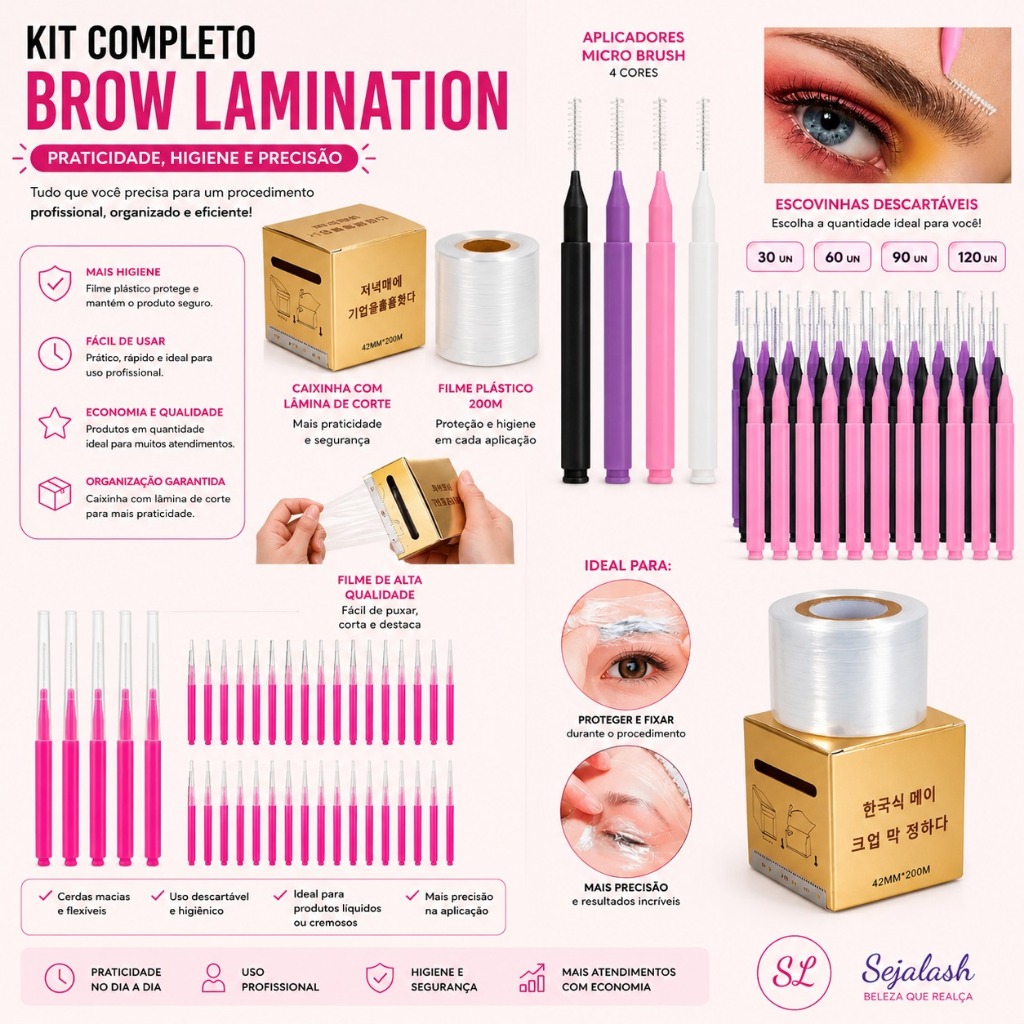 Kit Escovinhas Brow Lamination 30/60/90 ou 120 Un + Plástico Filme 200m Caixinha Com Lâmina de Corte
