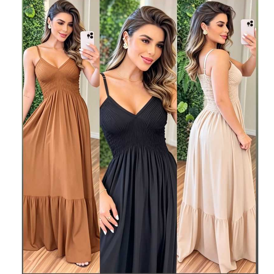 Vestido Longo Feminino com Decote V – Elegante, Leve e Romântico.