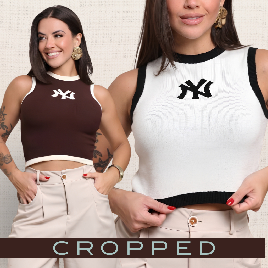 Cropped Feminino Tricot Modal Regata Bicolor Canelado Casual Moda Verão Elegante Confortável