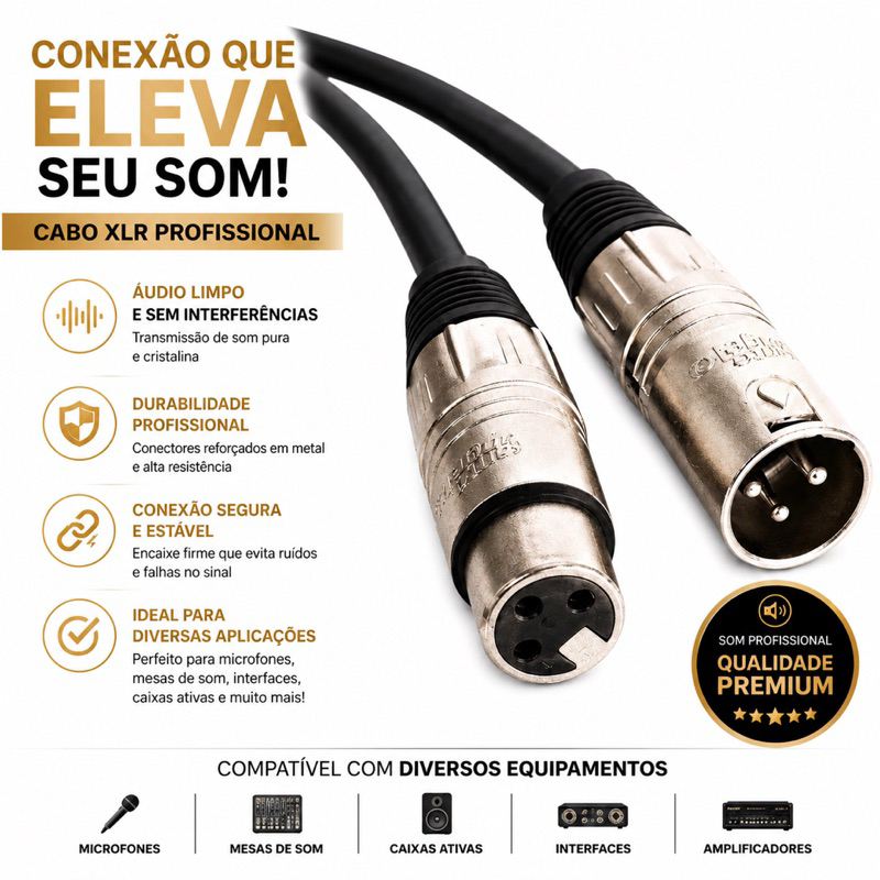 Cabo XLR Balanceado Profissional – Alta Qualidade de Áudio Para Xlr Femea 5 Metros