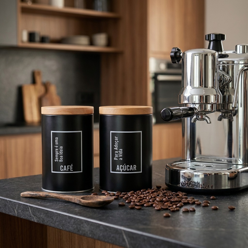 Conjunto 2 Latas Porta Café e Açúcar em Metal Organizador de Cozinha Decoração Luxo Kit Resistente