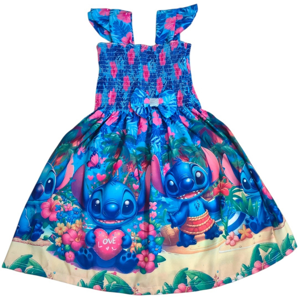 Vestido Infantil Menina Personagem Stitch Confortável Leve Passeio Festa Aniversário