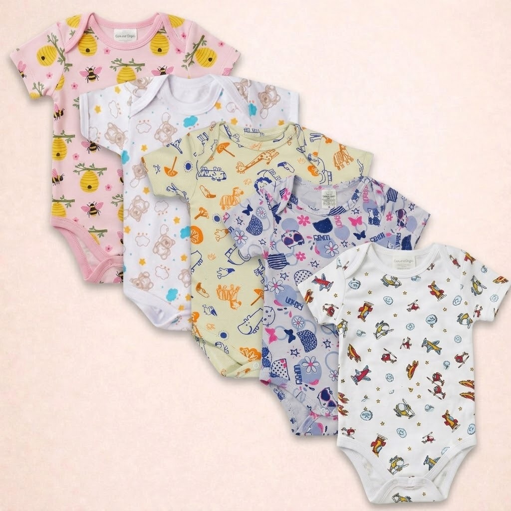 Kit 5 Body Bebê estampado Manga Curta  100% Algodão
