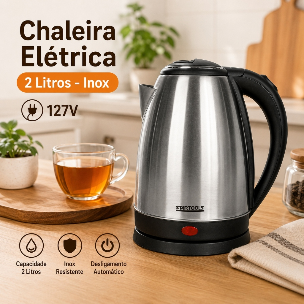 Chaleira Elétrica Inox 2L 127V 1000W Jarra Elétrica Fervedor Água Desligamento Automático 360°