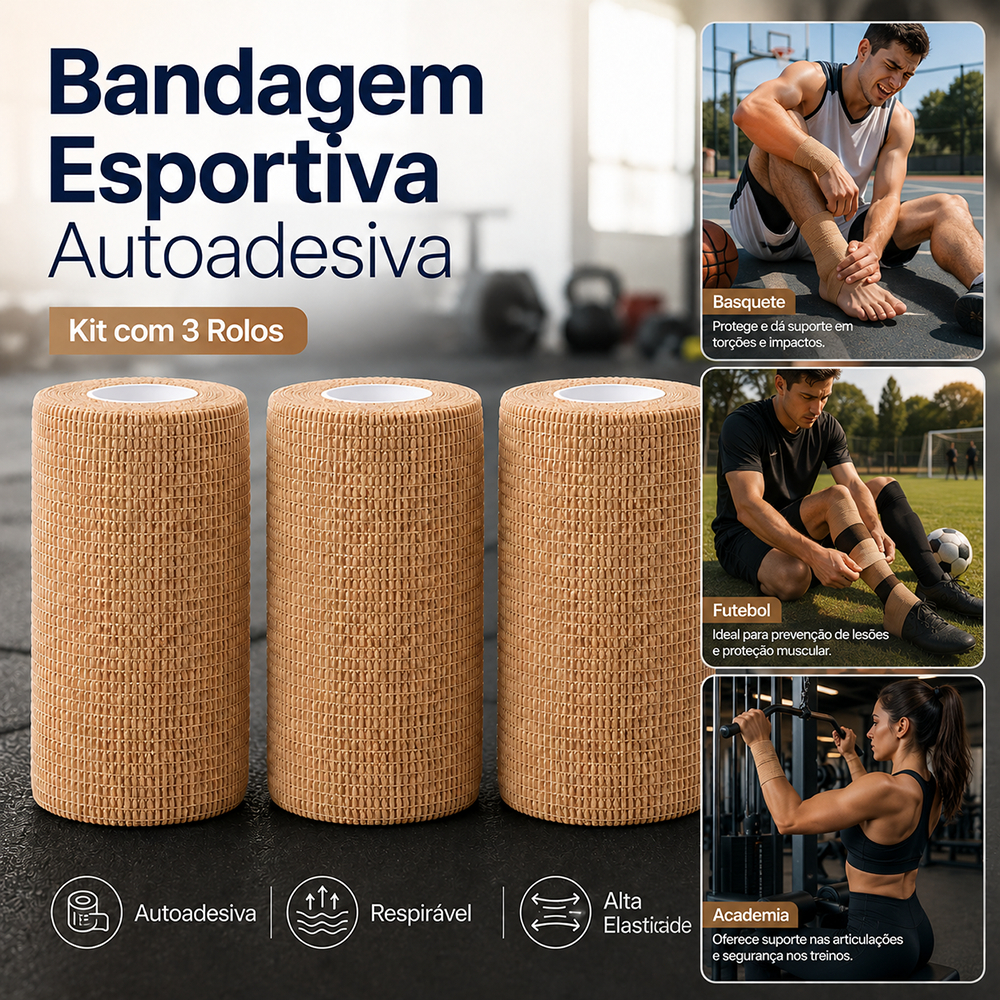 Kit 3 Rolos Bandagem Elástica Autoaderente 10cm x 4,5m Atadura Coesiva Pet Esporte