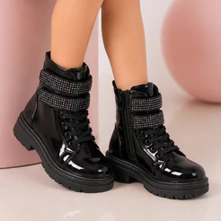 Bota Coturno Infantil Menina Fechamento Duplo Strass Preto Verniz Tratorada