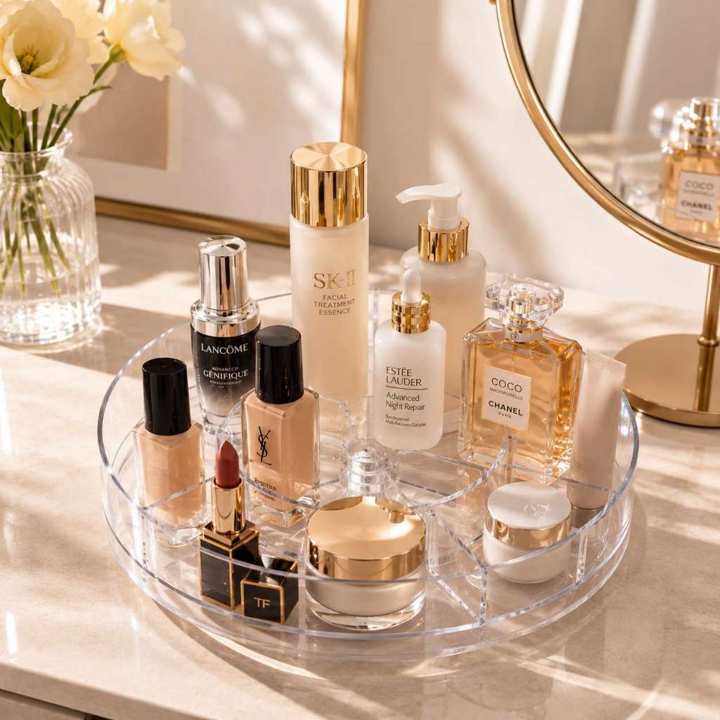 Organizador de Maquiagem Acrílico Giratório 360 Bandeja com Divisórias para Cosméticos, Perfumes e Penteadeira