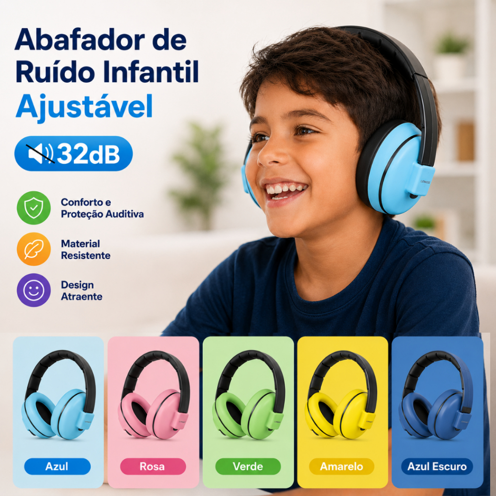 Abafador Ruído Infantil Autismo Fone Protetor Auricular TDAH TEA Confortável Ajustável Alta Proteção