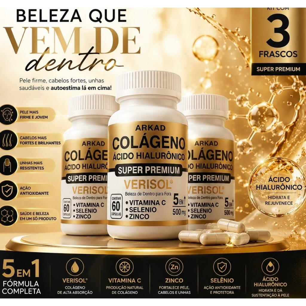 Colágeno Verisol Original com Ácido Hialurônico + Vitamina C | 180 Cápsulas Pele firme, rugas reduzidas e brilho natural