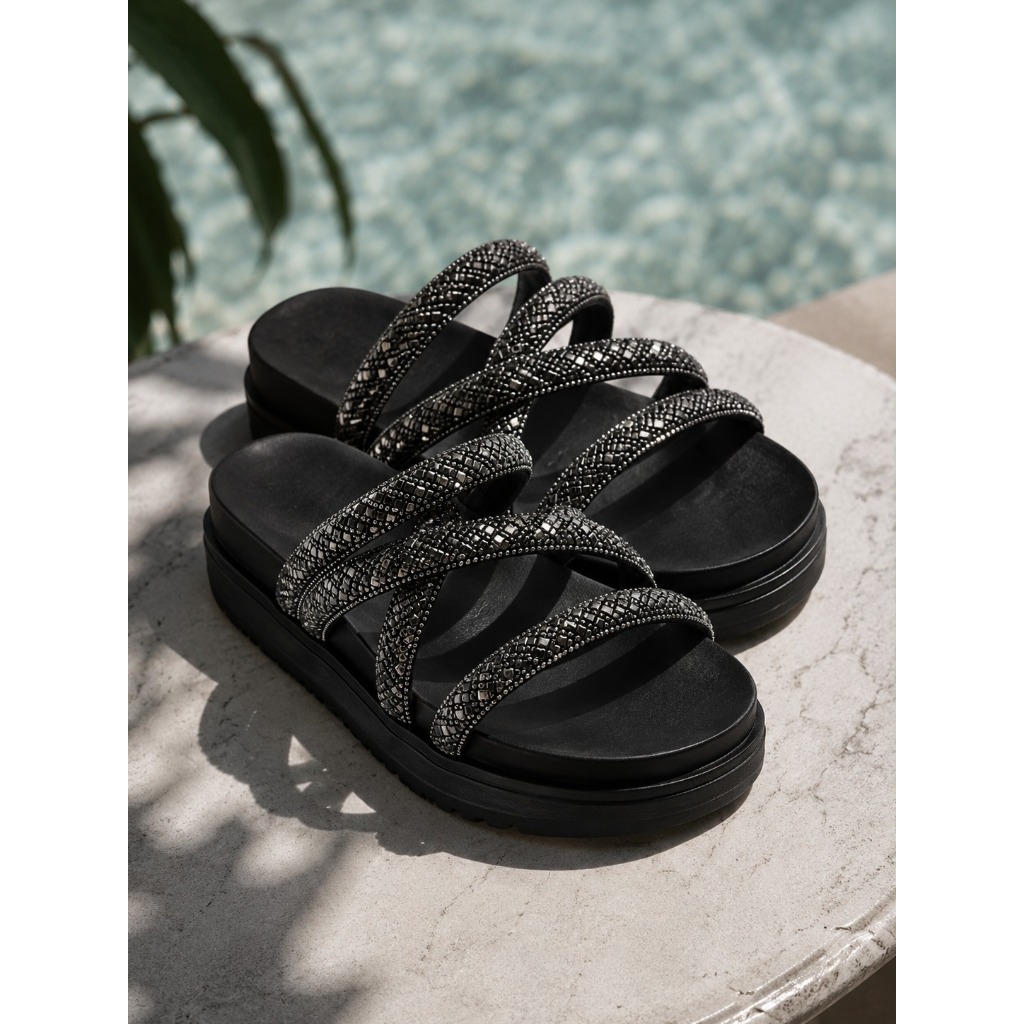 Sandália Casual Feminina Strass Papete Plataforma Confortável Casual Leve Moda Antiderrapante Dia a Dia Passeio Moderna