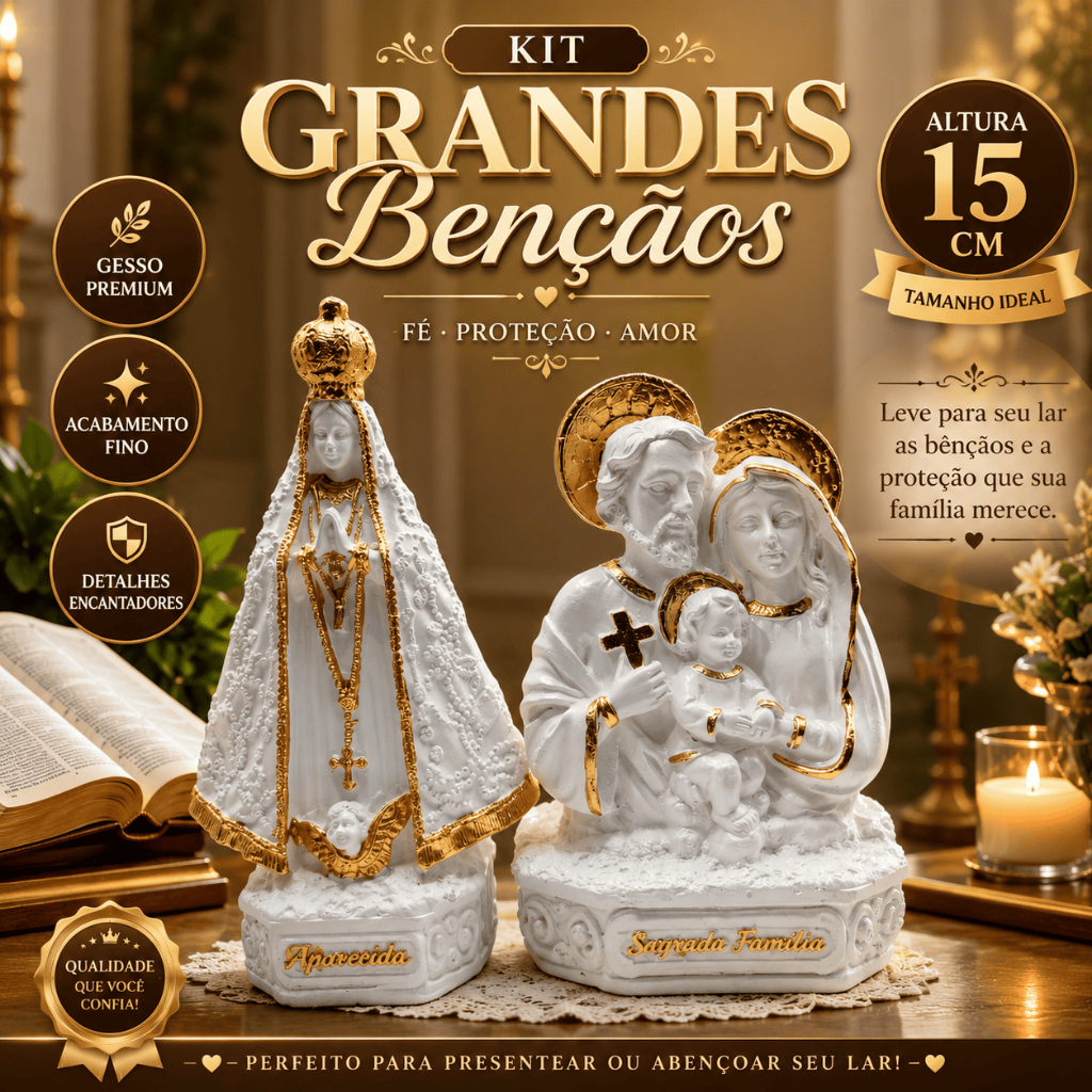 Sagrada Família Busto 15cm Branco Perolado e Nossa Senhora Aparecida 15cm para Altar e Oração