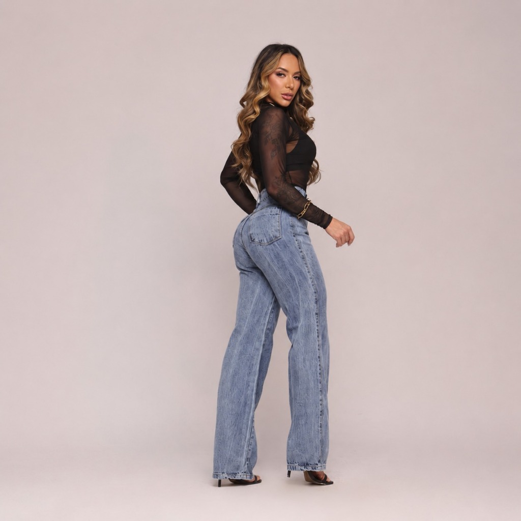 Detalhes do Calça Jeans Feminina Wide Leg Cintura Alta Pantalona Soltinha Confortável Moda Feminina