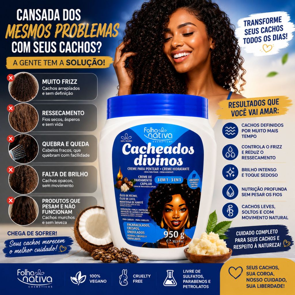 Creme de Pentear Folha Nativa Cacheados Divinos 950g Definição Antifrizz Vegano