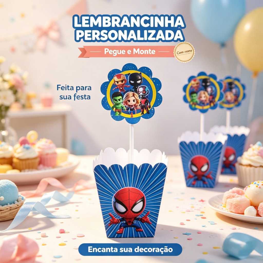 Centro de Mesa Cachepô Personalizado Vingadores Baby Festa Infantil, Lembrancinha Criativa, PEGUE E MONTE