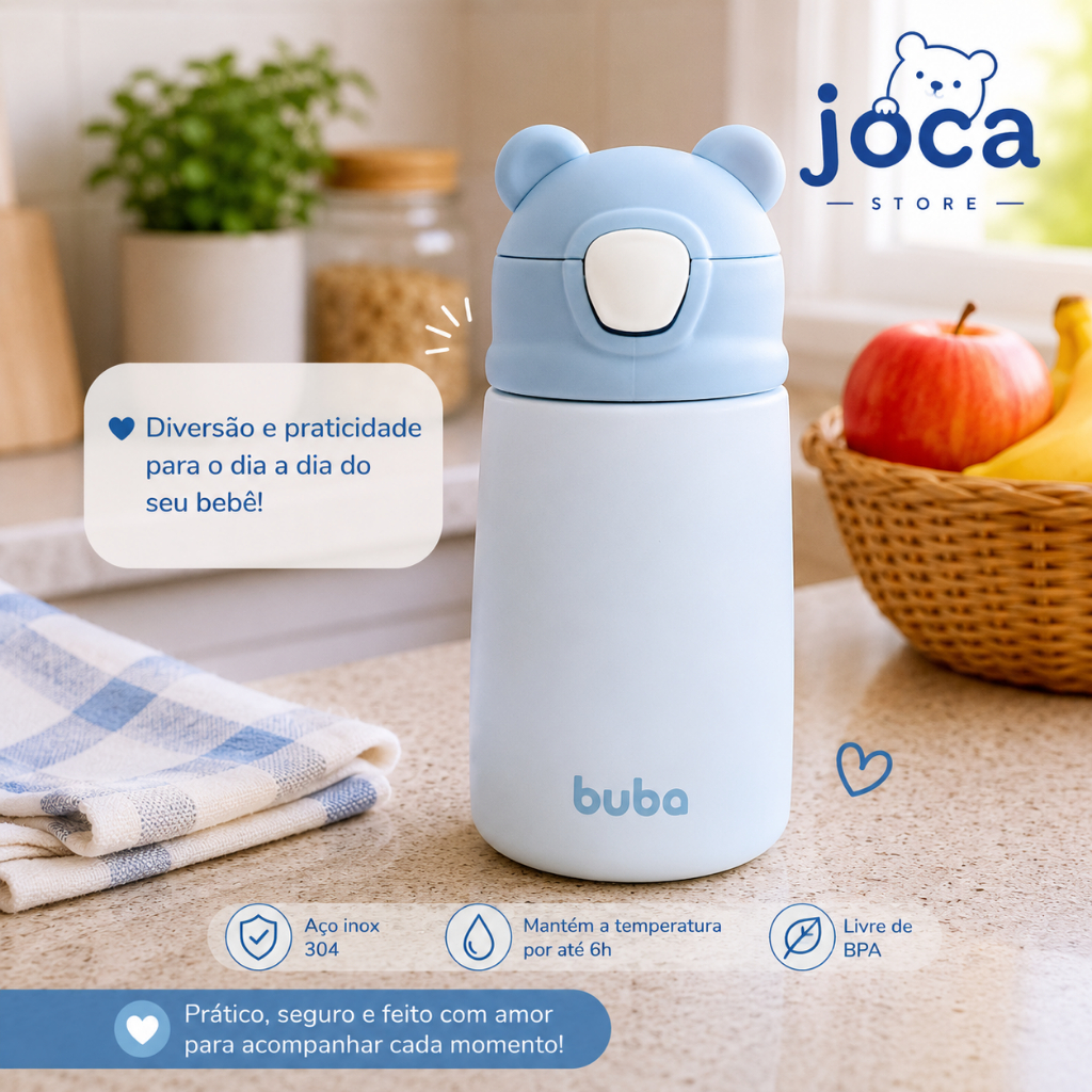Garrafa Infantil Térmica Ursinho Azul com Canudo Buba Parede Dupla 320ml Antivazamento