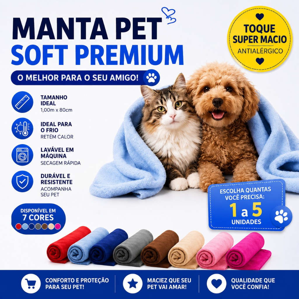 Mantinha Pet Soft Quentinha 1,00m x 0,80m Fleece Lavável para Cachorro ou Gato