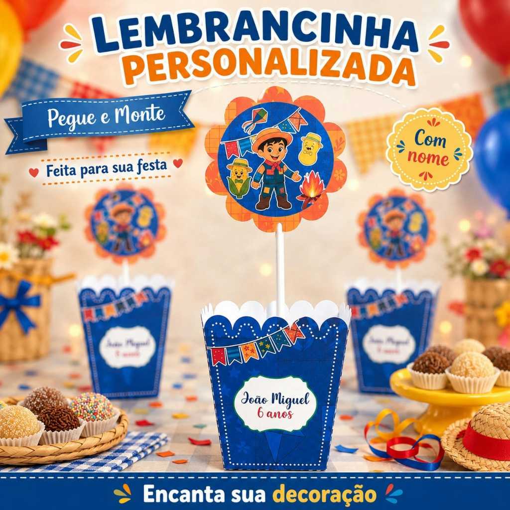 Centro de Mesa Cachepô Personalizado Festa Junina Menino Festa Infantil, Lembrancinha Criativa, PEGUE E MONTE