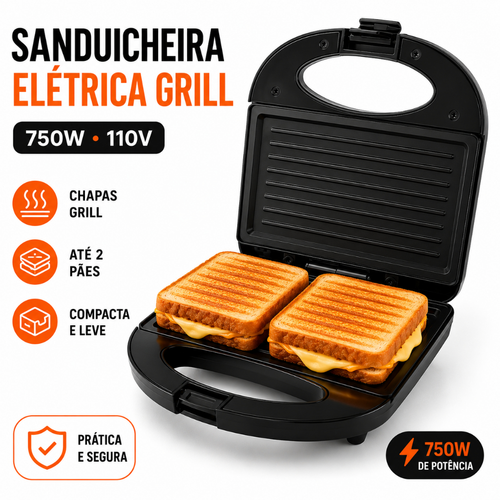 Sanduicheira Elétrica Grill 750W 110V Para Lanches Pães e Cozinha