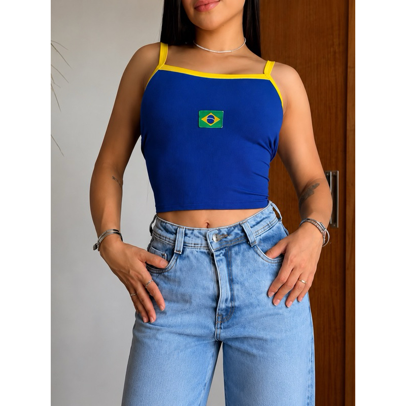 Blusinha Feminina Regata Cropped Brasil Canelada Bordada - Elegante
