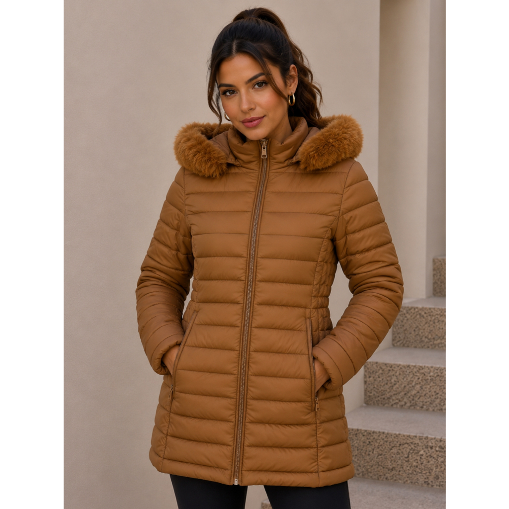 Casaco Alongado Feminino Puffer Impermeável Peluciado Capuz Removível Frio Intenso Premium