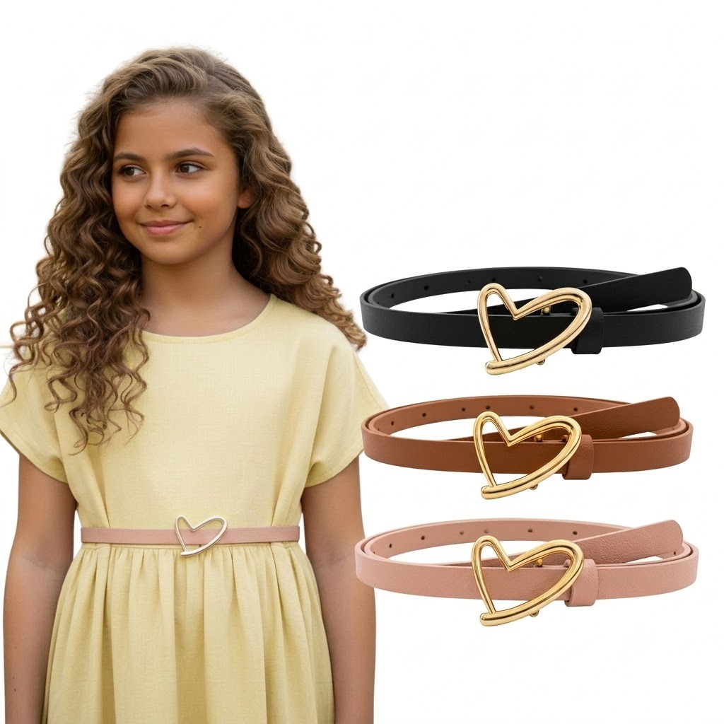 KIT 3 Cintos Infantil Fino Feminino Delicado Fivela de Coração Dourado para Meninas Moda Kids 2 a 12 anos - Bia