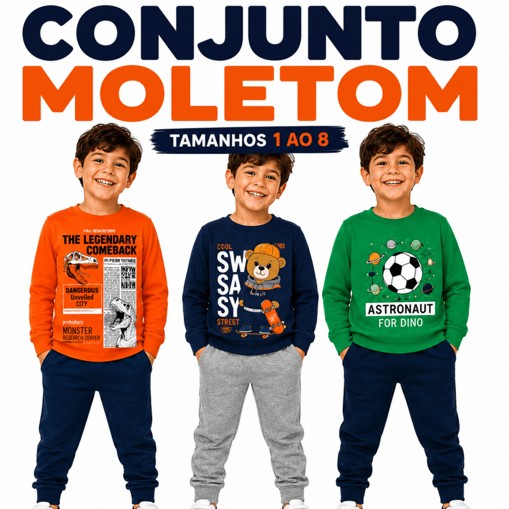 Conjunto Moletom Infantil Menino 1 ao 8 Inverno Quentinho Manga Longa Roupa Infantil Inverno