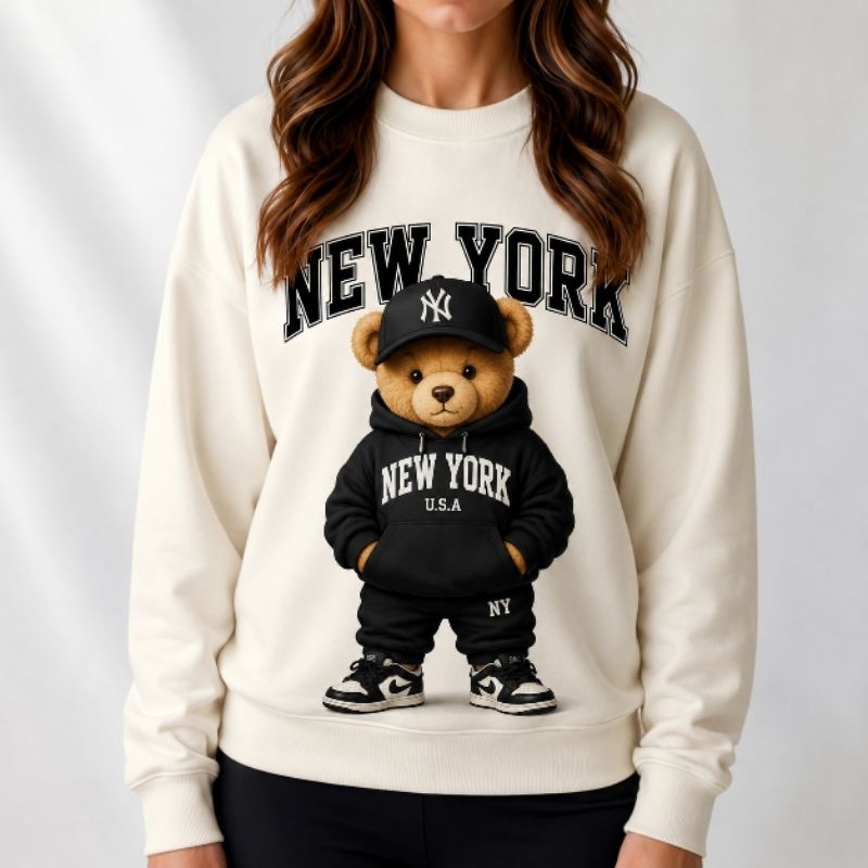 Moletom Feminino Premium Ursinho New York Casual Estampado Flanelado Confortável Inverno Moda Streetwear