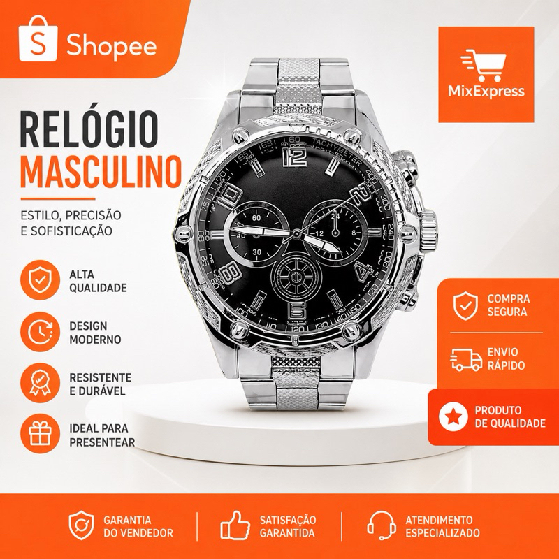 Relógio Aço Masculino de Pulso Luxo, casual – Aço Inoxidável, Quartzo – Dourado e Prata/Preto