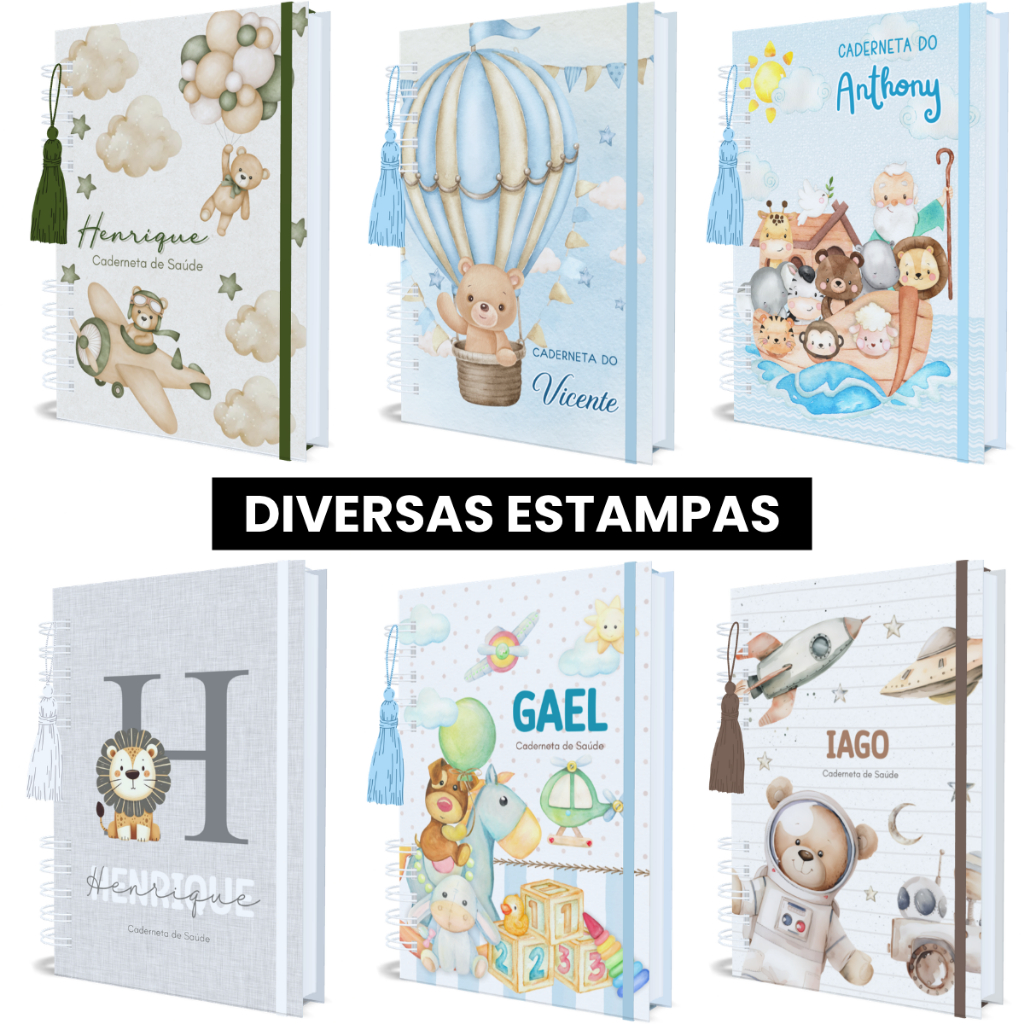 Caderneta De Vacinação Menino Personalizada Capa Dura Atualizada Com Nome Bebe Saude Varios Temas