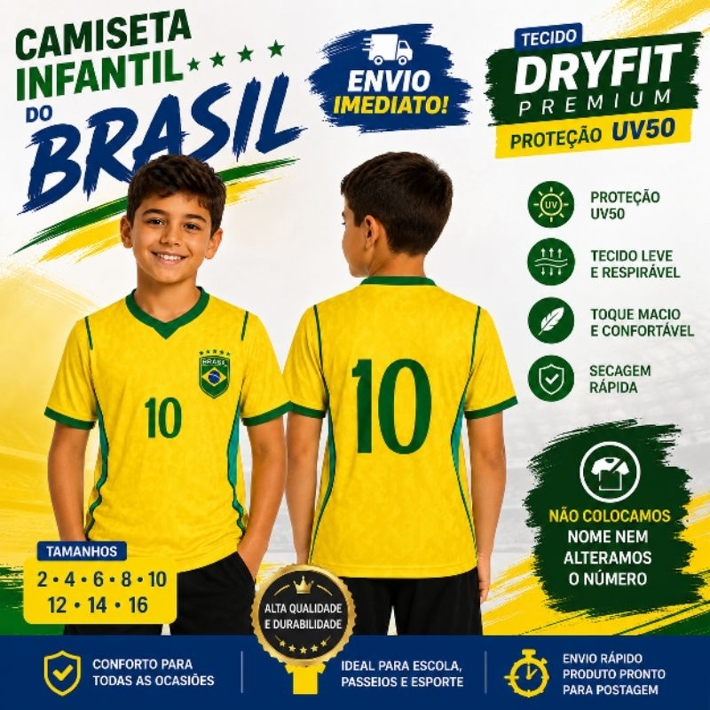 Camiseta Infantil do Brasil Dryfit Premium com proteção UV50 Camiseta do Brasil Seleção brasileira