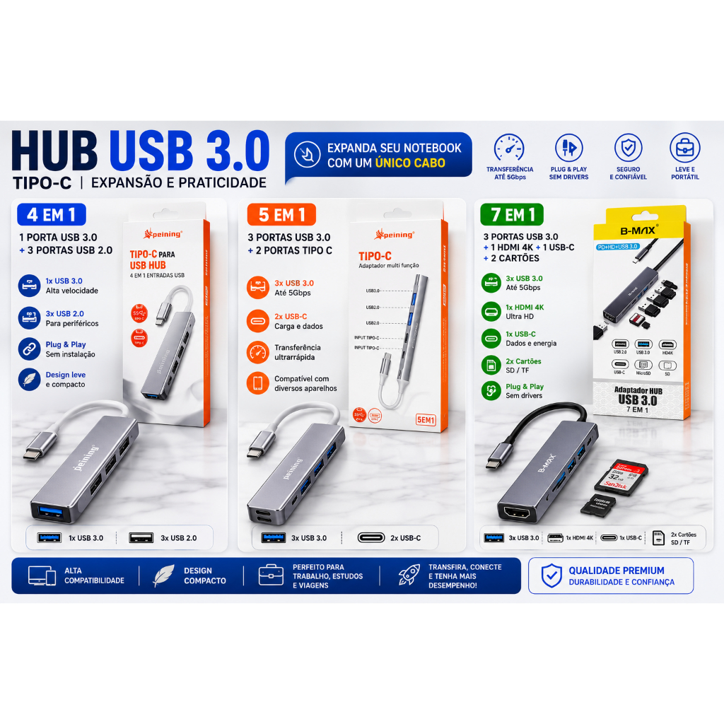 Hub USB Tipo C 3 Modelos Disponíveis  usb 3.0 hdmi e tipoC | 4 em 1 | 5 em 1 | 7 em 1