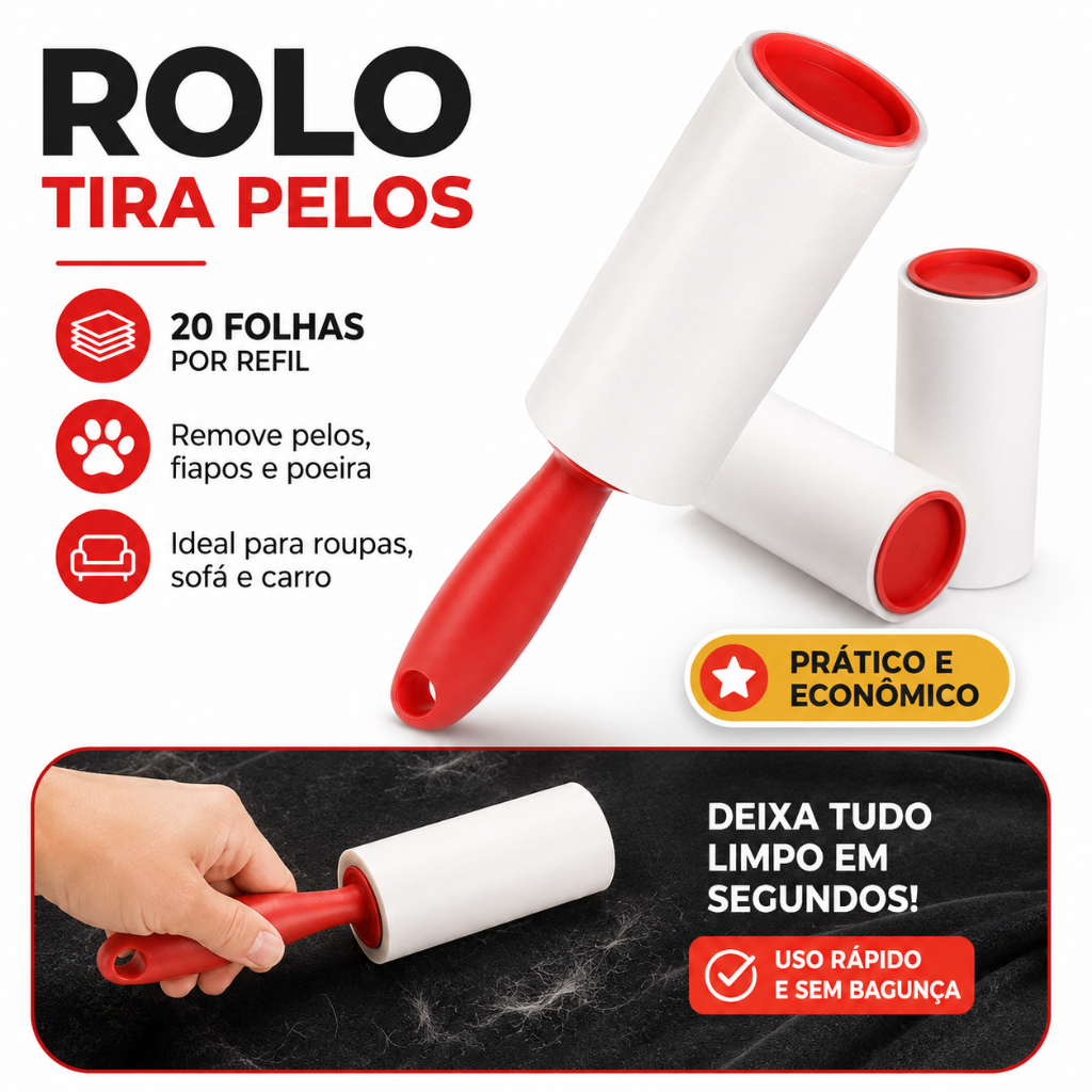 Kit Rolo Tira Pelos + 2 Refis   Removedor de Fiapos Roupas Sofá Pet Hair Roller Limpeza Rápida