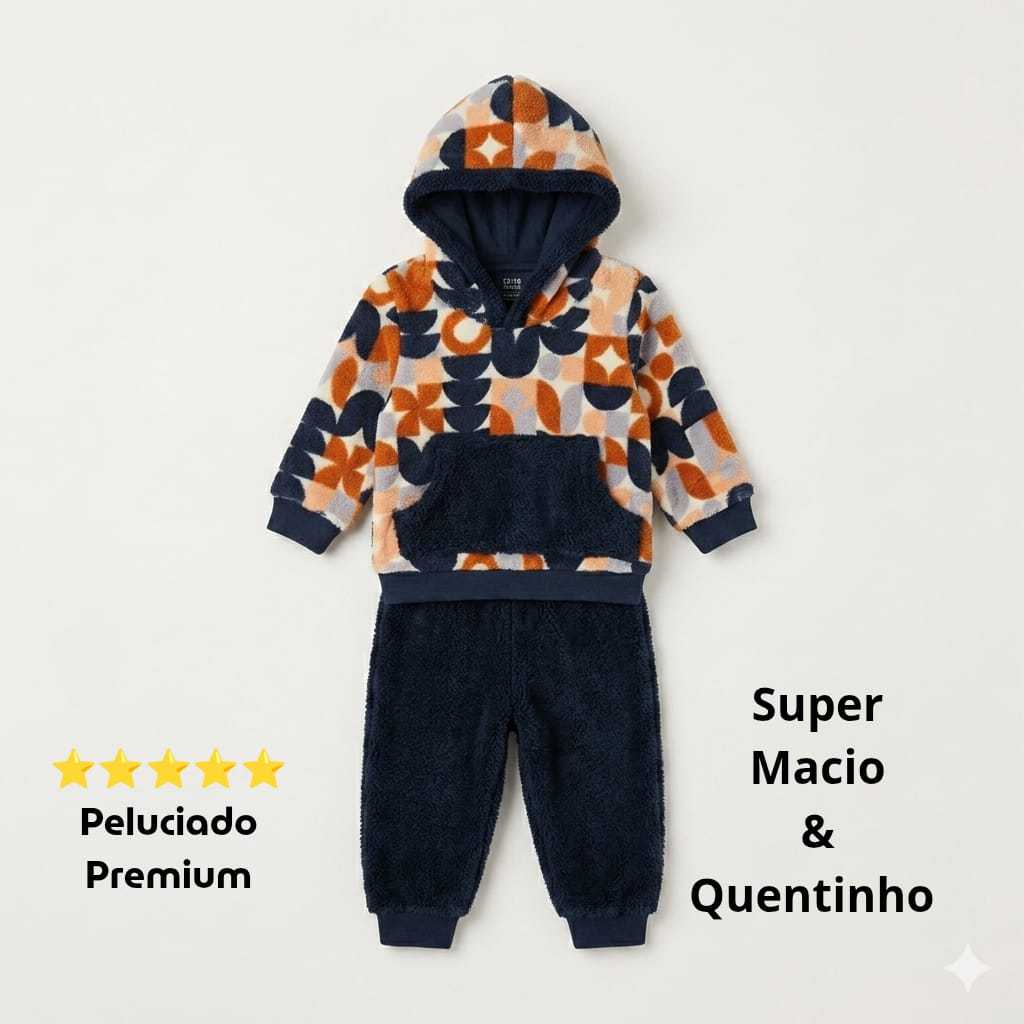 Conjunto Peluciado Bebê com Capuz - Pijama Fleece Infantil Quentinho RN ao 1 ano Menino