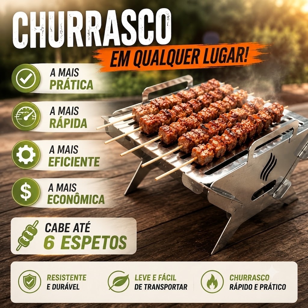 CHURRASQUEIRA PORTÁTIL MINI DESMONTÁVEL CABE 6 ESPETOS MALETA CAMPING PESCA APARTAMENTO — imagem 2 de 2