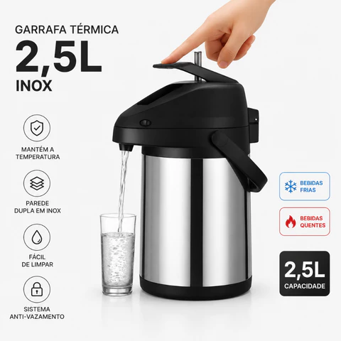 Garrafa Térmica Inox 2,5 Litros p/ Terere, Chimarrão, Água com Base Giratória e Alça