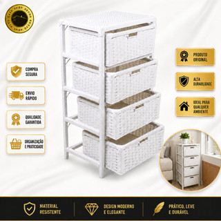 Gaveteiro Organizador 4 Gavetas Fibra Sintética 32x44x85 Banheiro Quarto Criado Mudo Alto Luxo Casas