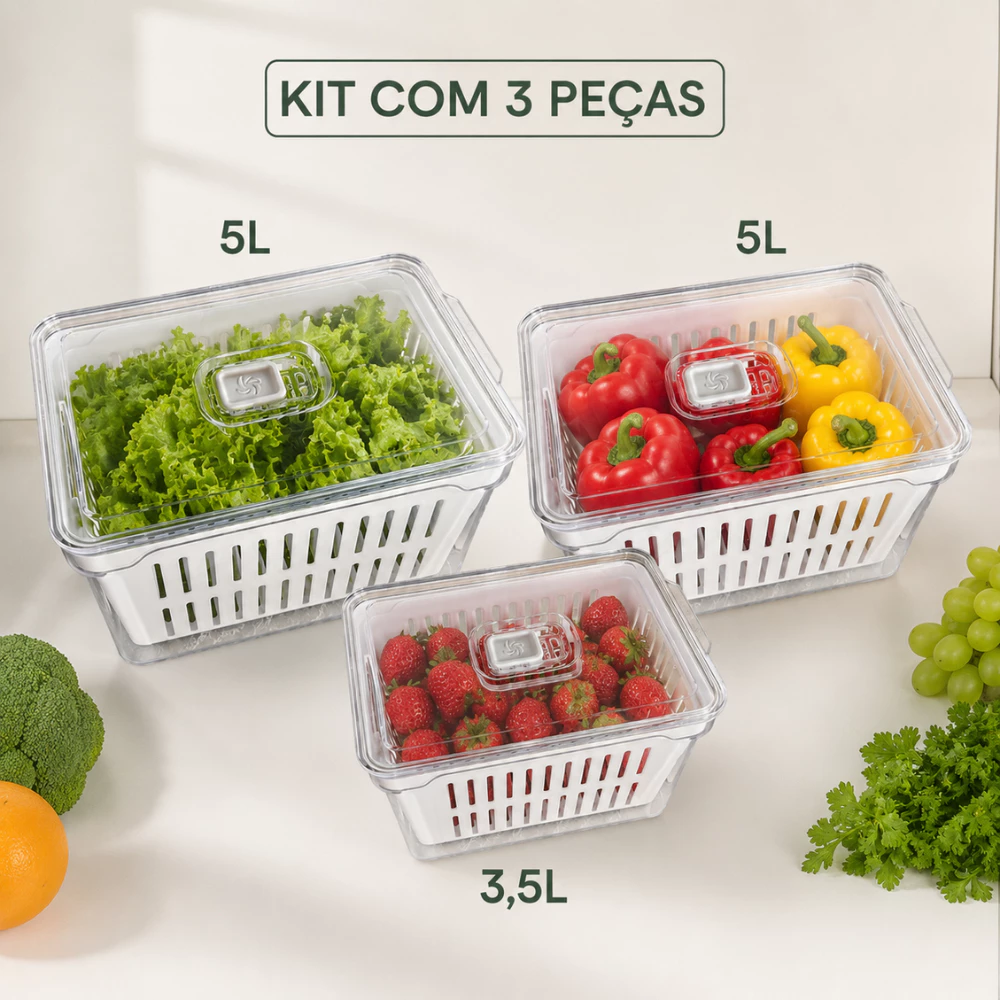 Kit Organizadores de Geladeira – 2x 5L + 1x 3,5L Acrílico com Drenagem e Vedação